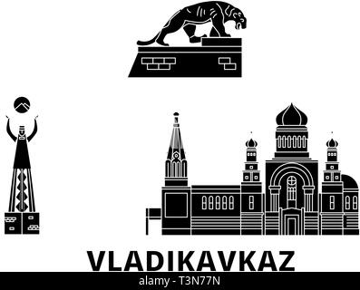 Russland, Wladikawkas Flachbild reisen Skyline. Russland, Wladikawkas schwarz Stadt Vektor-illustration, Symbol, Reisen, Sehenswürdigkeiten, Wahrzeichen. Stock Vektor