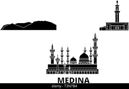 Saudi-arabien, Medina Flachbild reisen Skyline. Saudi-arabien, Medina schwarz Stadt Vektor-illustration, Symbol, Reisen, Sehenswürdigkeiten, Wahrzeichen. Stock Vektor