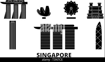 Singapur City Wohnung reisen Skyline. Singapur Stadt schwarz Stadt Vektor-illustration, Symbol, Reisen, Sehenswürdigkeiten, Wahrzeichen. Stock Vektor