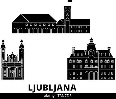 Slowenien, Ljubljana Flachbild reisen Skyline. Slowenien, Ljubljana schwarz Stadt Vektor-illustration, Symbol, Reisen, Sehenswürdigkeiten, Wahrzeichen. Stock Vektor