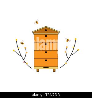 Bienenstock Symbol mit Bienen und Zweige. Wald Bee Farm Konzept. Logo oder Design Element für Web Design isoliert auf Weiss. Stock Vektor