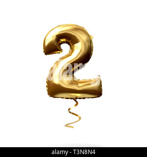 Nummer 2 Gold Folie Helium Ballon auf einem weißen Hintergrund. 3D-Rendering Stockfoto