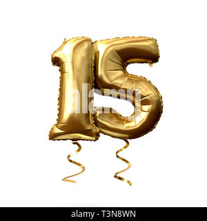Nummer 15 Goldfolie Helium Ballon auf einem weißen Hintergrund. 3D-Rendering Stockfoto