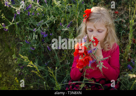 Schöne blonde Mädchen mit roten Corn Poppy Flower Stockfoto