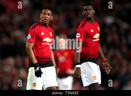 Von Manchester United Anthony Martial (links) und Paul Pogba am Ende der UEFA Champions League Viertelfinale, hinspiel Spiel im Old Trafford, Manchester. Stockfoto