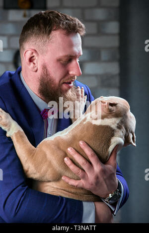 Hund Bulli und ihre Besitzer, ihre liebevolle Meister, der den Hund in ihren Armen, Umarmungen und Küsse hält. Der Hund fühlt sich gut auf die Hand des Besitzers Stockfoto