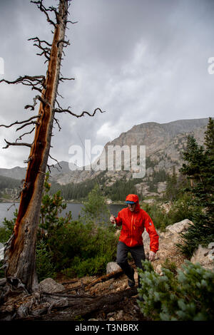 Fliegenfischer angeln Birne See im Rocky Mountain National Park. Stockfoto