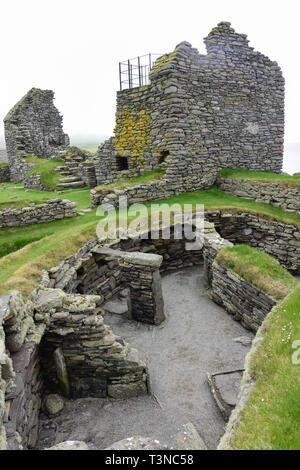 Jarlshof prähistorische Ausgrabungsstätte, Dunrossness Parish, Shetland, Nördliche Inseln, Schottland, Vereinigtes Königreich Stockfoto
