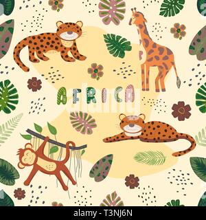 Tropische nahtlose Muster mit Leopard, Giraffe, Palm Blätter Stock Vektor