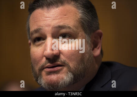 Washington, District of Columbia, USA. 10 Apr, 2019. Vorsitzende Vorsitzender des United States Senate Committee auf die Justiz Ted Cruz (Republikaner von Texas) liefert Eröffnungsansprache vor dem Zeugnis von Carlos Monje, Junior, der Direktor der öffentlichen Politik und Philanthropie an Twitter, und Neil Potts, der Politische Direktor bei Facebook, auf dem Capitol Hill in Washington DC am 10. April 2019 Credit: Stefani Reynolds/CNP/ZUMA Draht/Alamy leben Nachrichten Stockfoto
