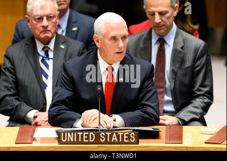 Vice President Mike Pence gesehen Sprechen während der Sicherheitsrat der Vereinten Nationen bei den Vereinten Nationen in New York City. Stockfoto