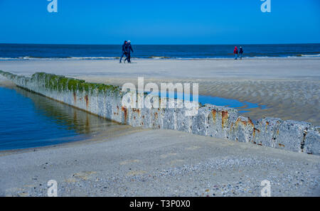 08. April 2019, Schleswig-Holstein, Westerland/Sylt: Konkrete Buhnen steigen aus dem Wasser am Strand von Sylt. Foto: Axel Heimken/dpa Stockfoto