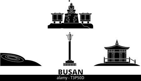 Südkorea, Busan Flachbild reisen Skyline. Südkorea, Busan schwarz Stadt Vektor-illustration, Symbol, Reisen, Sehenswürdigkeiten, Wahrzeichen. Stock Vektor
