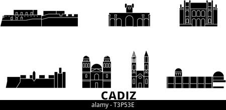 Spanien, Cadiz Flachbild reisen Skyline. Spanien, Cadiz schwarz Stadt Vektor-illustration, Symbol, Reisen, Sehenswürdigkeiten, Wahrzeichen. Stock Vektor