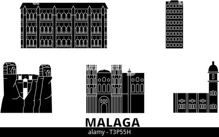 Spanien, Malaga Wohnung reisen Skyline. Spanien, Malaga schwarz Stadt Vektor-illustration, Symbol, Reisen, Sehenswürdigkeiten, Wahrzeichen. Stock Vektor