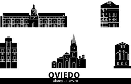 Spanien, Oviedo Flachbild reisen Skyline. Spanien, Oviedo schwarz Stadt Vektor-illustration, Symbol, Reisen, Sehenswürdigkeiten, Wahrzeichen. Stock Vektor