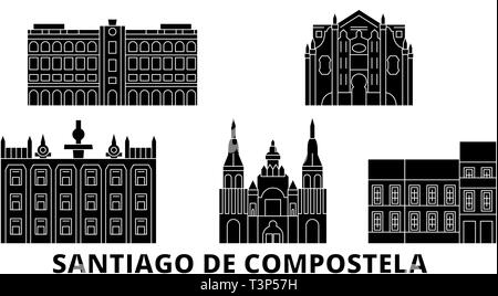 Spanien, Santiago De Compostela Flachbild reisen Skyline. Spanien, Santiago De Compostela schwarz Stadt Vektor-illustration, Symbol, Reisen, Sehenswürdigkeiten, Wahrzeichen. Stock Vektor