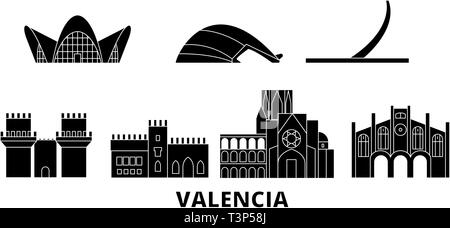 Spanien, Valencia Flachbild reisen Skyline. Spanien, Valencia schwarz Stadt Vektor-illustration, Symbol, Reisen, Sehenswürdigkeiten, Wahrzeichen. Stock Vektor