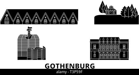 Schweden, Göteborg Flachbild reisen Skyline. Schweden, Göteborg schwarz Stadt Vektor-illustration, Symbol, Reisen, Sehenswürdigkeiten, Wahrzeichen. Stock Vektor