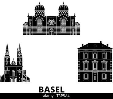 Schweiz, Basel Flachbild reisen Skyline. Schweiz, Basel schwarz Stadt Vektor-illustration, Symbol, Reisen, Sehenswürdigkeiten, Wahrzeichen. Stock Vektor