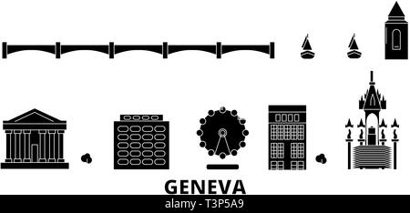 Schweiz, Genf Flachbild reisen Skyline. Schweiz, Genf schwarze Stadt Vektor-illustration, Symbol, Reisen, Sehenswürdigkeiten, Wahrzeichen. Stock Vektor