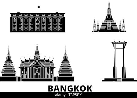 Thailand, Bangkok Flachbild reisen Skyline. Thailand, Bangkok schwarz Stadt Vektor-illustration, Symbol, Reisen, Sehenswürdigkeiten, Wahrzeichen. Stock Vektor