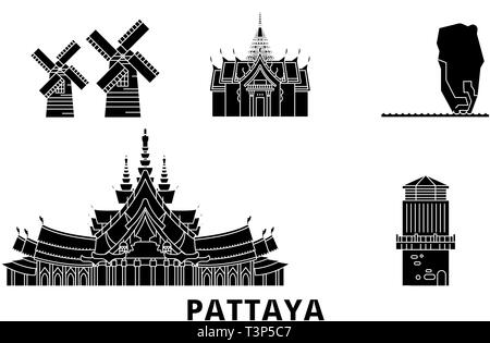 Thailand, Pattaya Flachbild reisen Skyline. Thailand, Pattaya schwarz Stadt Vektor-illustration, Symbol, Reisen, Sehenswürdigkeiten, Wahrzeichen. Stock Vektor