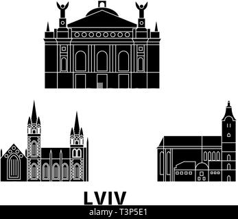 Ukraine, Lviv Flachbild reisen Skyline. Ukraine, Lviv schwarz Stadt Vektor-illustration, Symbol, Reisen, Sehenswürdigkeiten, Wahrzeichen. Stock Vektor