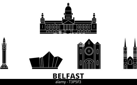 Vereinigtes Königreich, Belfast Flachbild reisen Skyline. Vereinigtes Königreich, Belfast schwarz Stadt Vektor-illustration, Symbol, Reisen, Sehenswürdigkeiten, Wahrzeichen. Stock Vektor