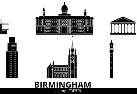 Großbritannien, Birmingham Flachbild reisen Skyline. Großbritannien, Birmingham schwarz Stadt Vektor-illustration, Symbol, Reisen, Sehenswürdigkeiten, Wahrzeichen. Stock Vektor