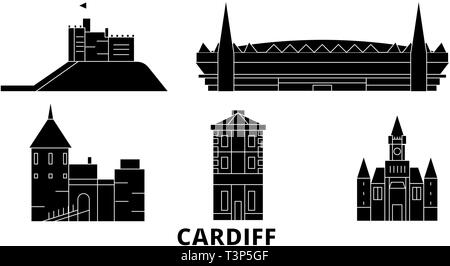 Vereinigtes Königreich, Cardiff Flachbild reisen Skyline. Vereinigtes Königreich, Cardiff schwarz Stadt Vektor-illustration, Symbol, Reisen, Sehenswürdigkeiten, Wahrzeichen. Stock Vektor