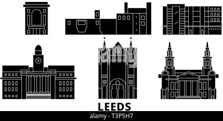 Vereinigtes Königreich, Leeds Flachbild reisen Skyline. Vereinigtes Königreich, Leeds schwarz Stadt Vektor-illustration, Symbol, Reisen, Sehenswürdigkeiten, Wahrzeichen. Stock Vektor