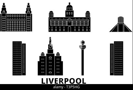 Vereinigtes Königreich, Liverpool Flachbild reisen Skyline. Vereinigtes Königreich, Liverpool schwarz Stadt Vektor-illustration, Symbol, Reisen, Sehenswürdigkeiten, Wahrzeichen. Stock Vektor