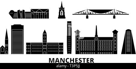 Vereinigtes Königreich, Manchester Flachbild reisen Skyline. Vereinigtes Königreich, Manchester schwarz Stadt Vektor-illustration, Symbol, Reisen, Sehenswürdigkeiten, Wahrzeichen. Stock Vektor
