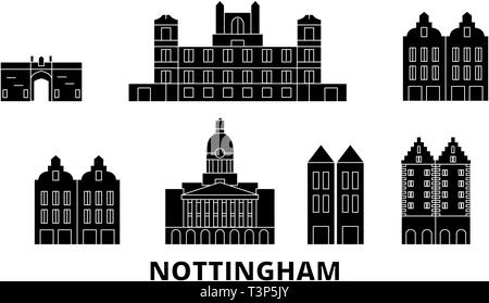 Vereinigtes Königreich, Nottingham Flachbild reisen Skyline. Vereinigtes Königreich, Nottingham schwarz Stadt Vektor-illustration, Symbol, Reisen, Sehenswürdigkeiten, Wahrzeichen. Stock Vektor