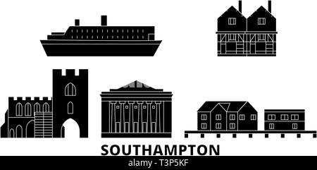 Vereinigtes Königreich, Southampton Flachbild reisen Skyline. Vereinigtes Königreich, Southampton schwarz Stadt Vektor-illustration, Symbol, Reisen, Sehenswürdigkeiten, Wahrzeichen. Stock Vektor