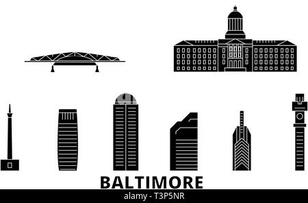 United States, Baltimore Flachbild reisen Skyline. Usa, Baltimore schwarzes Stadt Vektor-illustration, Symbol, Reisen, Sehenswürdigkeiten, Wahrzeichen. Stock Vektor