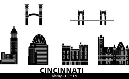 Usa, Cincinnati Flachbild reisen Skyline. Usa, Cincinnati schwarz Stadt Vektor-illustration, Symbol, Reisen, Sehenswürdigkeiten, Wahrzeichen. Stock Vektor