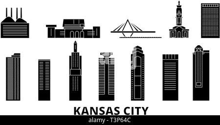 Usa, Kansas City Wohnung reisen Skyline. Usa, Kansas City schwarz Stadt Vektor-illustration, Symbol, Reisen, Sehenswürdigkeiten, Wahrzeichen. Stock Vektor