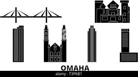 United States, Omaha Flachbild reisen Skyline. United States, Omaha schwarz Stadt Vektor-illustration, Symbol, Reisen, Sehenswürdigkeiten, Wahrzeichen. Stock Vektor