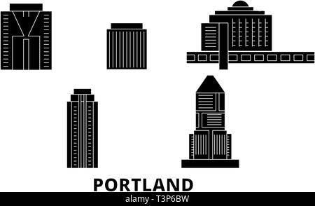 Usa, Portland City Wohnung reisen Skyline. Usa, Portland City schwarz Stadt Vektor-illustration, Symbol, Reisen, Sehenswürdigkeiten, Wahrzeichen. Stock Vektor