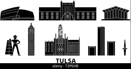 United States, Tulsa Flachbild reisen Skyline. United States, Tulsa schwarz Stadt Vektor-illustration, Symbol, Reisen, Sehenswürdigkeiten, Wahrzeichen. Stock Vektor