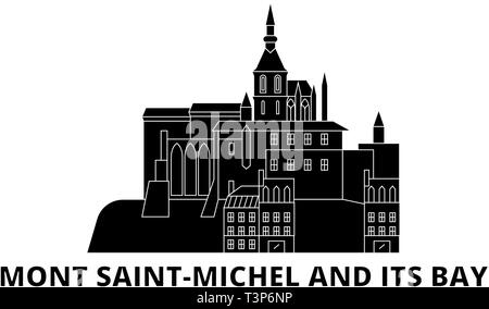 Frankreich, Mont Saint Michel und seine Bucht Wahrzeichen Flachbild reisen Skyline. Frankreich, Mont Saint Michel und seine Bucht schwarz Sehenswürdigkeit Stadt Vector Illustration Stock Vektor