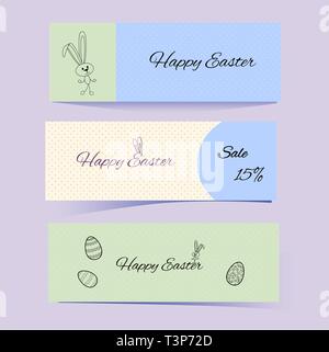 Süße Ostern Banner mit Hasen und gemusterten Eier. Kaninchen aus Linien und gepunktete Textur. Blau, Grün und Beige. Vector Illustration für saisonale Stock Vektor