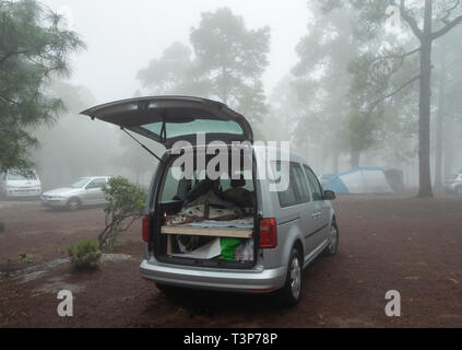 DIY Wohnmobil bed Conversion. Frau schlafen in Volkswagen Caddy in Nebel gehüllt, Mountain Forest Campingplatz auf Gran Canaria, Kanarische Inseln, Spanien Stockfoto