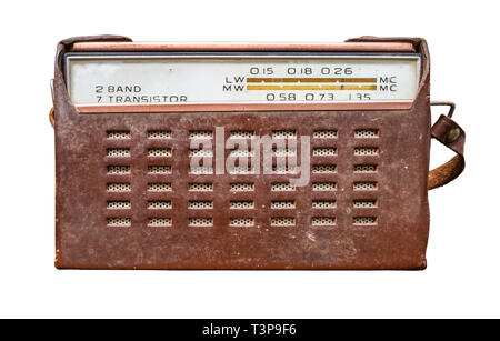 Isolierte Vintage Retro altmodischen Transistorradio In einem braunen Lederetui Stockfoto