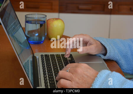 Frau auf einem Laptop mit einem Apfel und ein Glas Wasser auf dem Schreibtisch neben ihr arbeiten Stockfoto