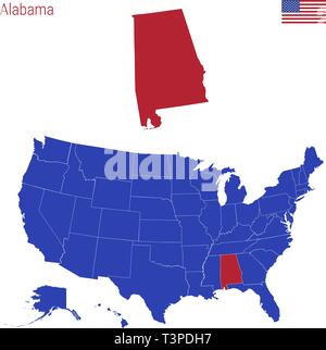 Der Bundesstaat Alabama ist rot markiert. Blue Vector Karte der Usa, eingeteilt in verschiedene Staaten. Stock Vektor