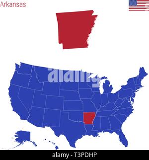 Der Zustand von Arkansas ist rot markiert. Blue Vector Karte der Usa, eingeteilt in verschiedene Staaten. Stock Vektor