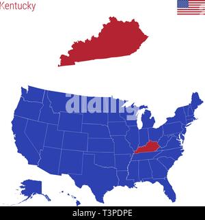 Der Zustand von Kentucky ist rot markiert. Blue Vector Karte der Usa, eingeteilt in verschiedene Staaten. Stock Vektor